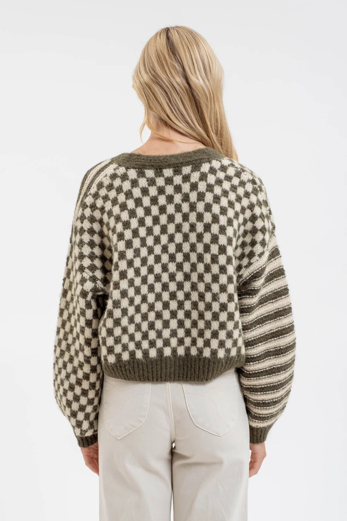 Harper stripe and checkered drop shoulder knit cardigan