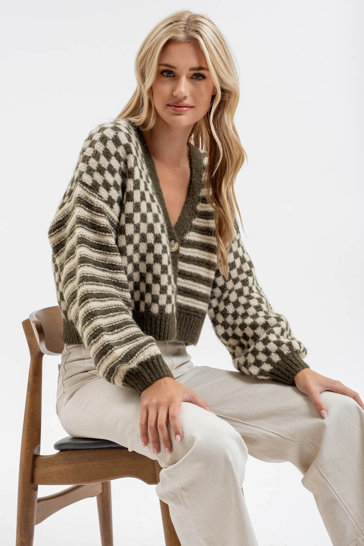 Harper stripe and checkered drop shoulder knit cardigan
