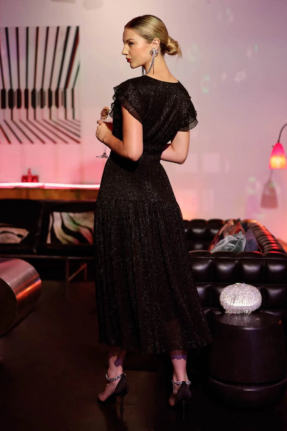 GLITTER RUFFLE SLEEVE TIERED MIDI DRESS