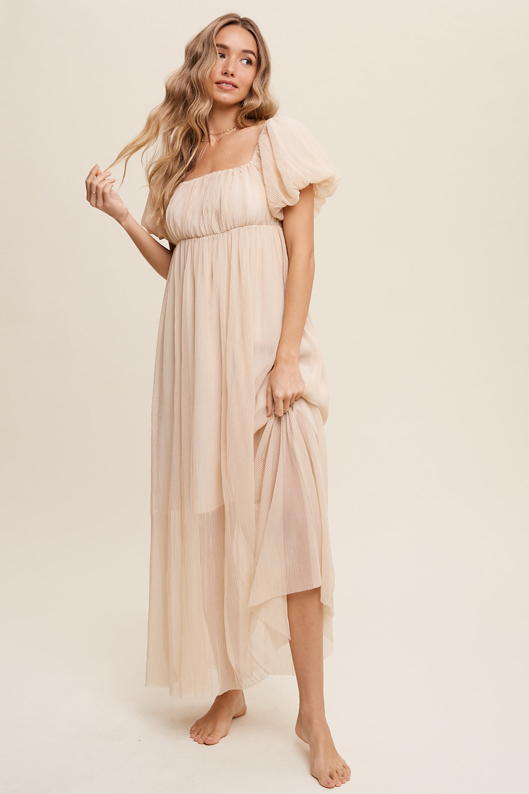 Mandy Pleated Mesh Square neck Maxi Dress