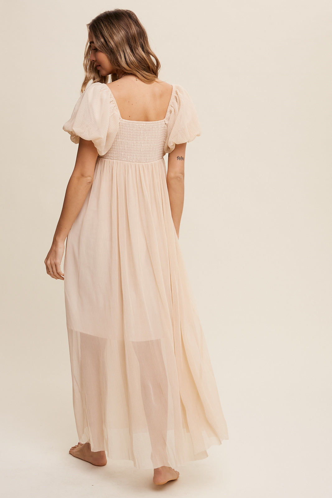 Mandy Pleated Mesh Square neck Maxi Dress