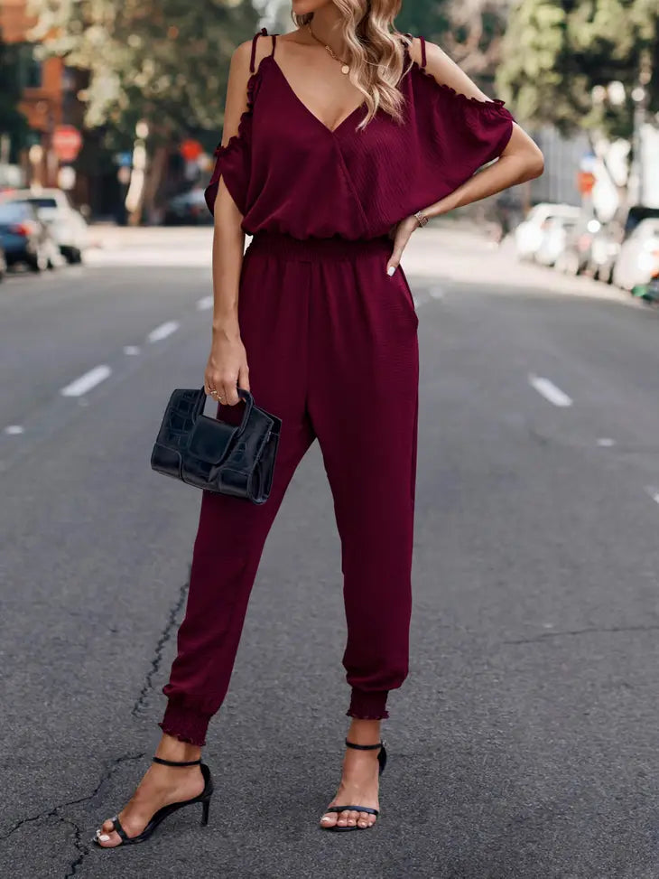 Shelby Cold Shoulder Smocked Faux Wrap Jumpsuit