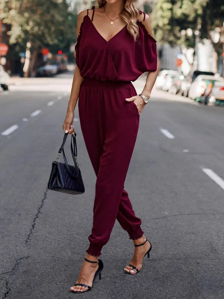 Shelby Cold Shoulder Smocked Faux Wrap Jumpsuit