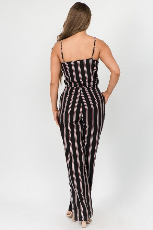 Front Cross Over Striped Pant Jumpsuit