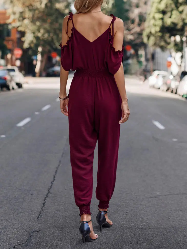 Shelby Cold Shoulder Smocked Faux Wrap Jumpsuit