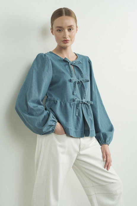 Drew Long Sleeve Denim Bow Tie Blouse