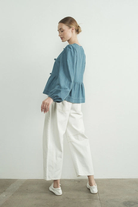 Drew Long Sleeve Denim Bow Tie Blouse