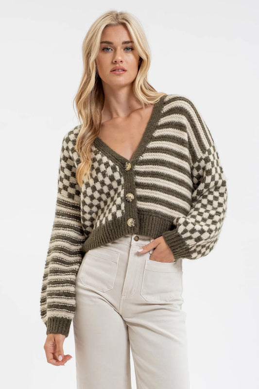 Harper stripe and checkered drop shoulder knit cardigan