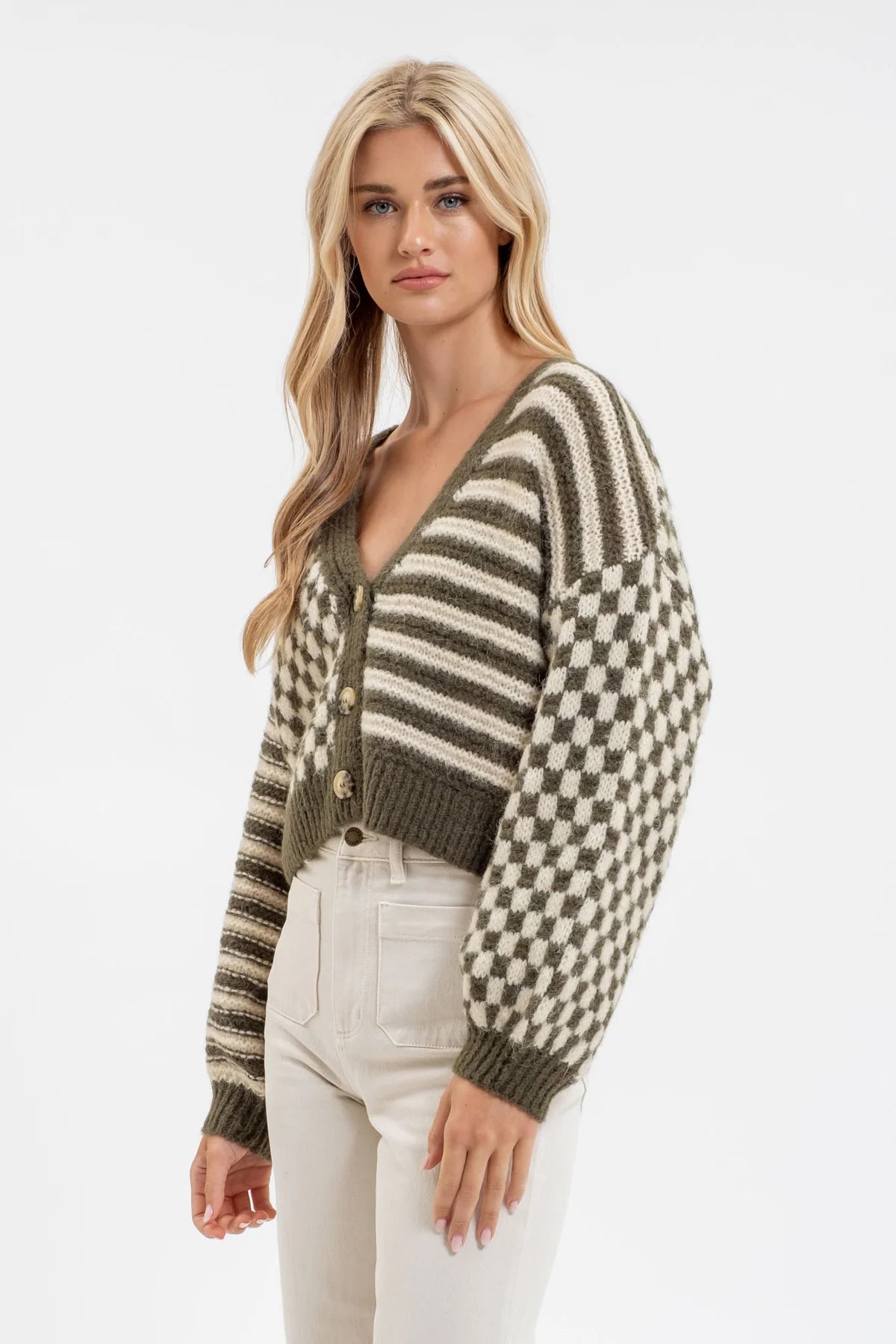 Harper stripe and checkered drop shoulder knit cardigan