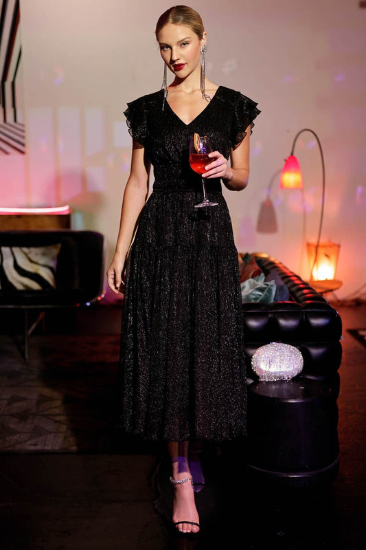 GLITTER RUFFLE SLEEVE TIERED MIDI DRESS