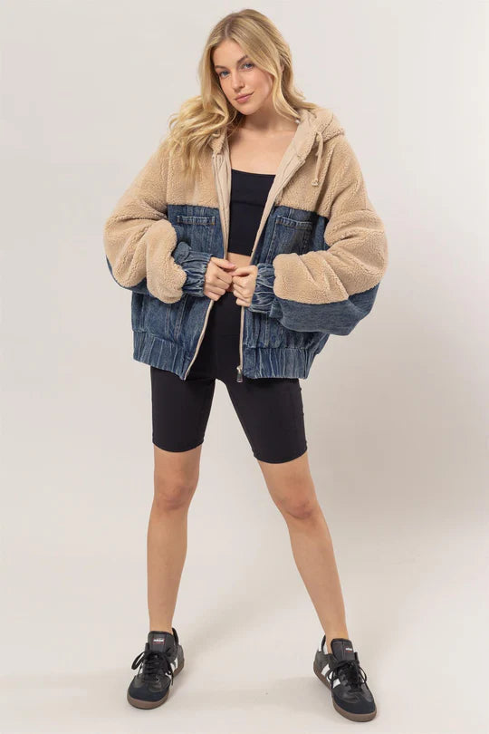 Kai Contrast Teddy Fur Hooded Jacket