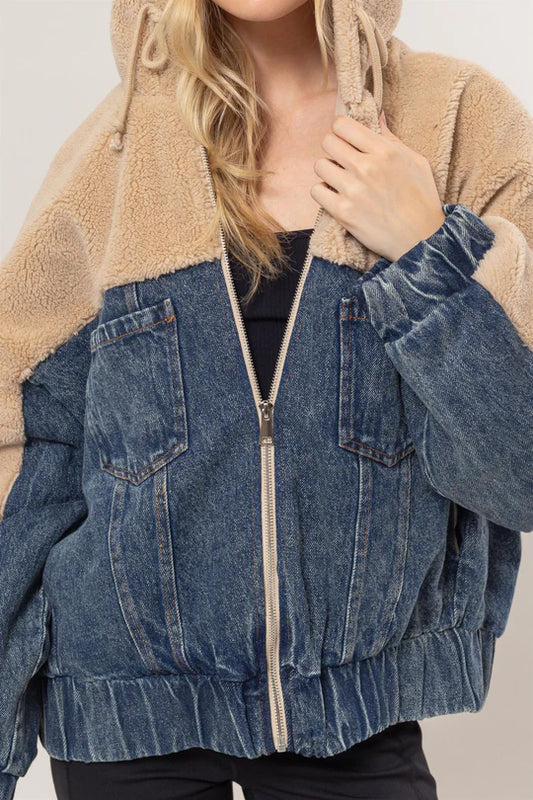 Kai Contrast Teddy Fur Hooded Jacket