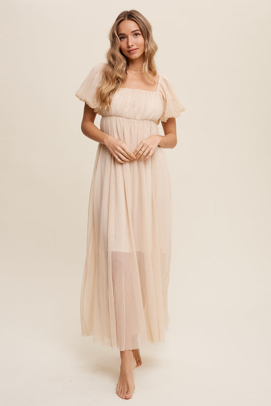Mandy Pleated Mesh Square neck Maxi Dress