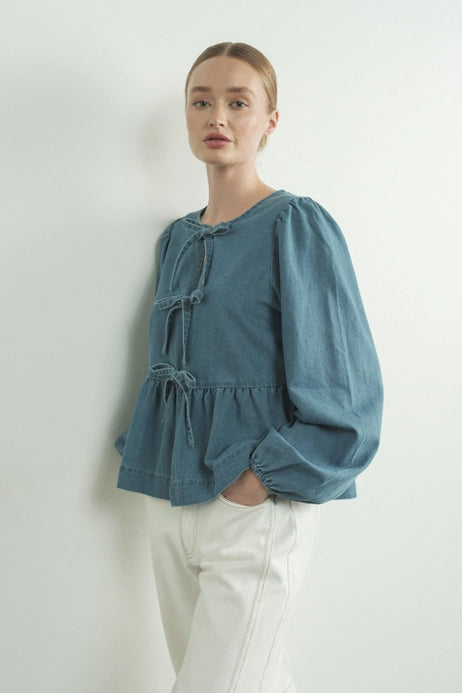 Drew Long Sleeve Denim Bow Tie Blouse