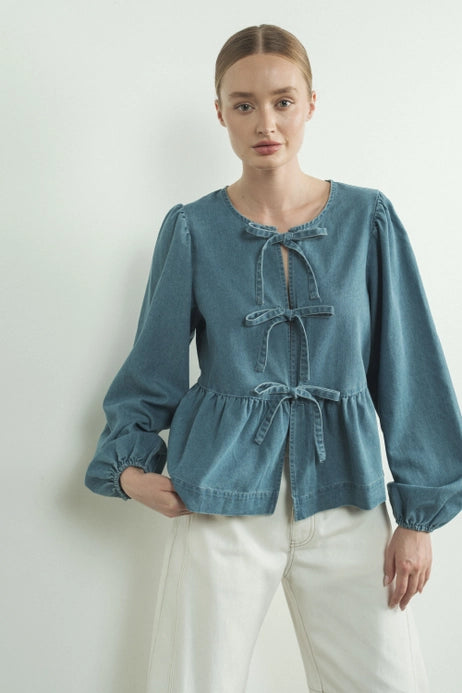 Drew Long Sleeve Denim Bow Tie Blouse