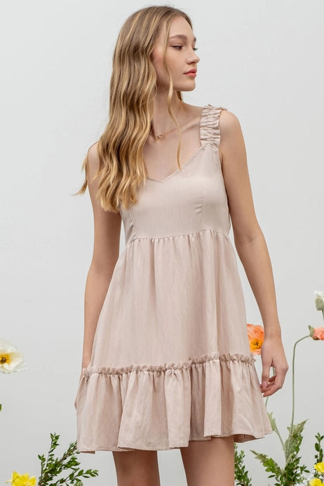 Solid Ruffle V-Neck Mini Dress