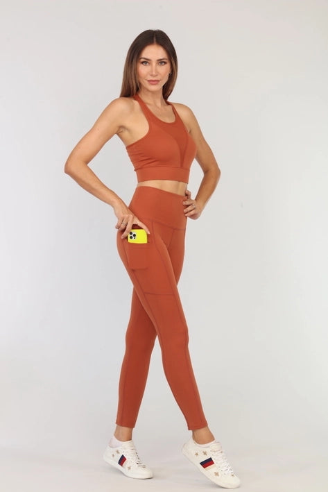 Brown High-Waisted Tummy-Tuck 2-Piece Legging Set