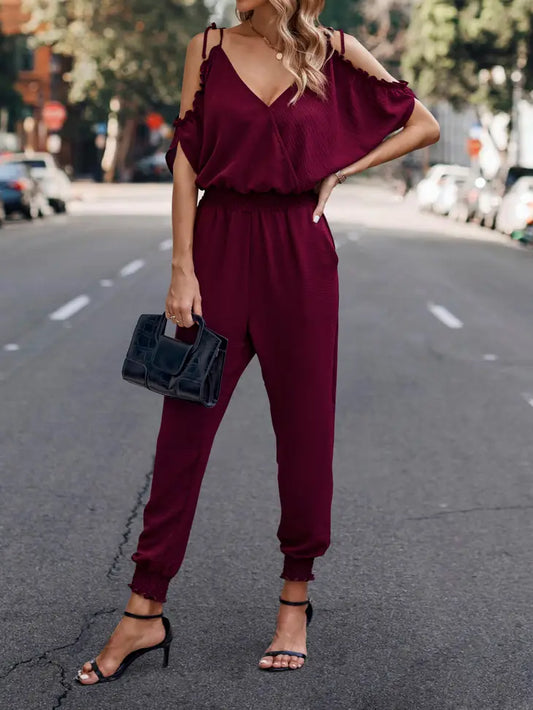 Shelby Cold Shoulder Smocked Faux Wrap Jumpsuit