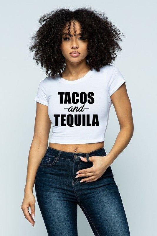"Tacos and Tequila" Graphic Print Crop Top