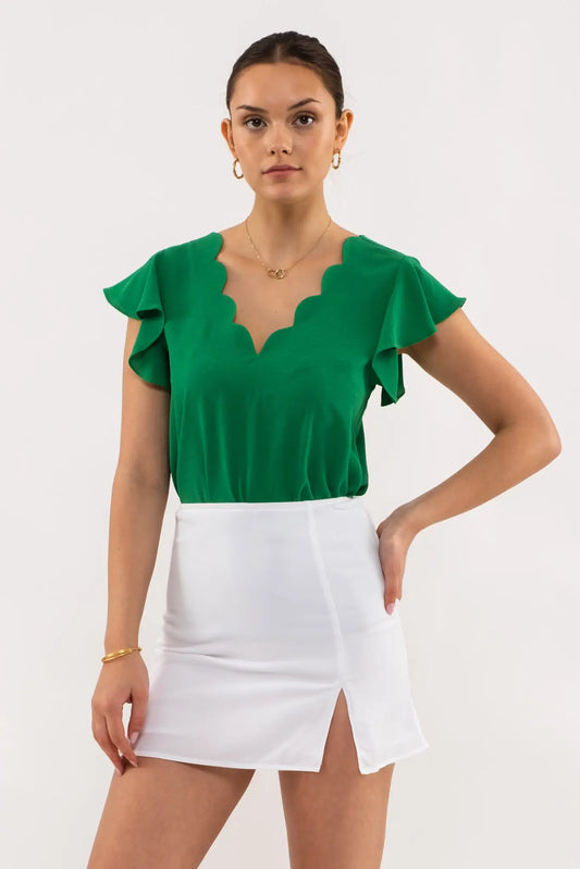 Scalloped V Neck Woven Top