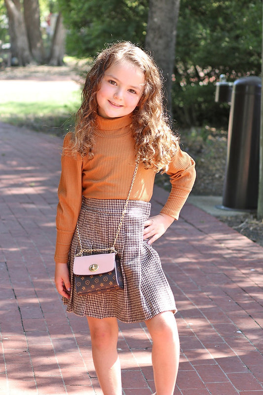 Kids- Khaki Turtle Neck with puffy shoulder and Pleated Skirt