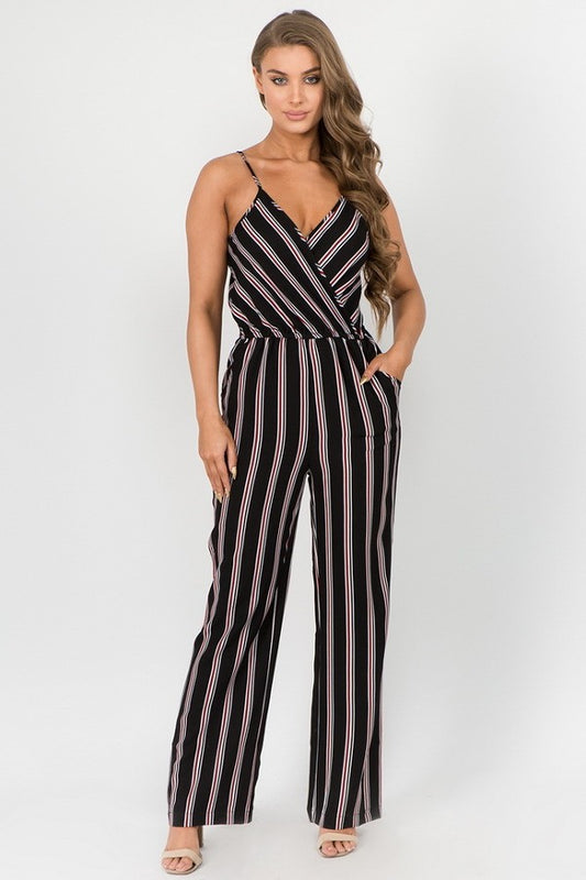 Front Cross Over Striped Pant Jumpsuit
