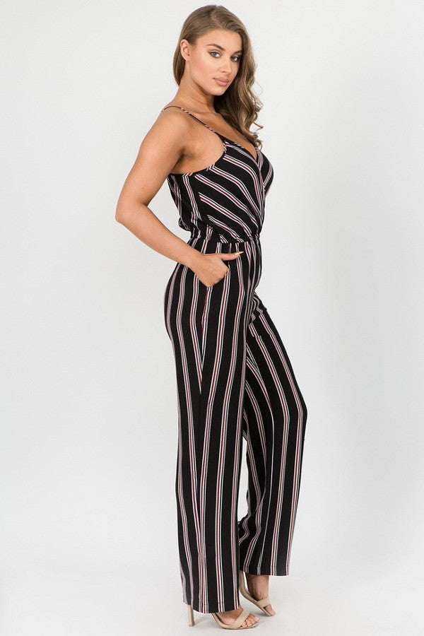 Front Cross Over Striped Pant Jumpsuit