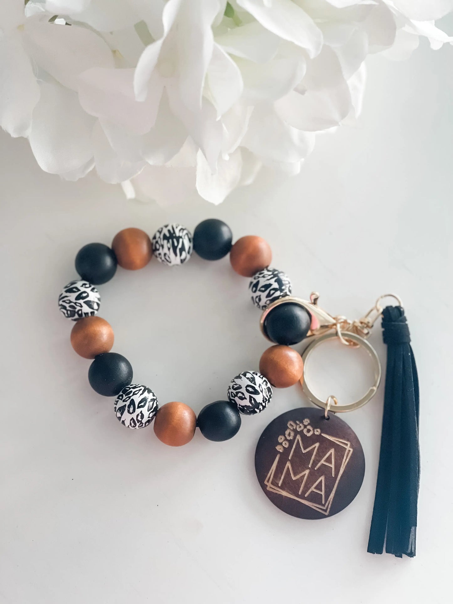 Engraved Leopard Mama Key Ring Bracelet